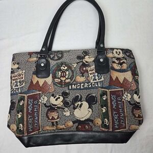 VTG Disney Mickey Mouse Tapestry Tote Bag Ingersoll Watch Leather Trim Purse